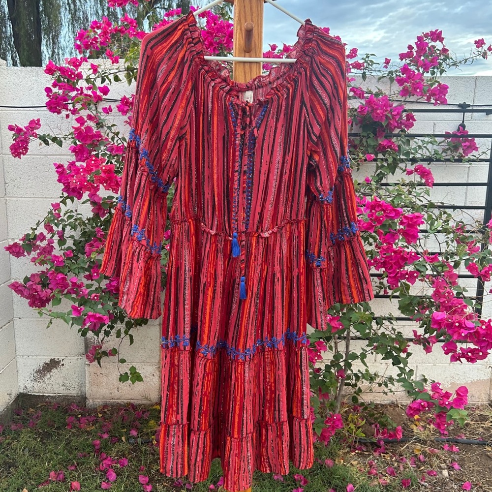 Festive embroidered shimmery Fall flare sleeve dress size Large